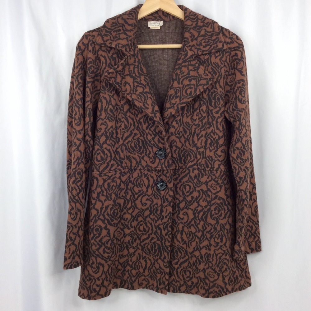 Habitat 2 Button Jacket Women's Size XS Brown Black Floral Knit Art to Wear
